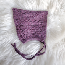 Load image into Gallery viewer, Plum Purple Knit Bonnet - hat - 100% Baby Alpaca Wool
