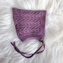 Load image into Gallery viewer, Plum Purple Knit Bonnet - hat - 100% Baby Alpaca Wool