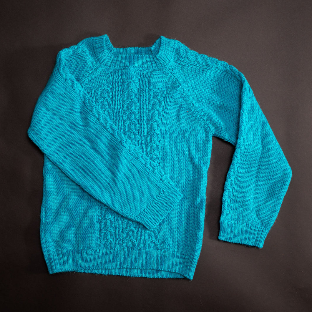 Azure Blue Knitted Cable Wool Pull Over Sweater: 100% Baby Alpaca Wool