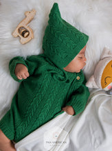 Load image into Gallery viewer, Selva Green Knit Romper and Bonnet Set: 100% Baby Alpaca Wool