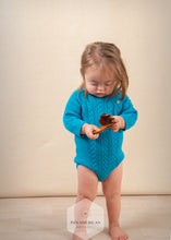 Load image into Gallery viewer, Azure Blue Knit Romper and Bonnet Set: 100% Baby Alpaca Wool