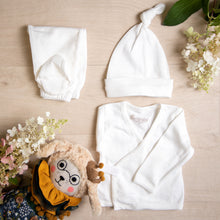 Load image into Gallery viewer, White organic cotton baby outfit. Hello baby organic pima cotton gift set. Body suit long sleeve wrap top kimono footed pants knotted hat that goes in Organic Pima Cotton Baby gift box set bundle present baby shower hat kimono side snap top footed pants. Long Sleeve Bodysuit GOTS certified snap buttons handmade in Peru for Pan American Apparel in Ecowhite white newborn 0 to 3 months.