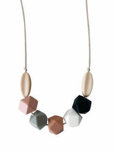 Load image into Gallery viewer, The Audrey Chewable silicone necklace in five colors tan brown green gray pink white black with satin string for teething baby