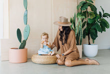 Load image into Gallery viewer, The Collins Chewable silicone necklace in two colors tan brown wooden geometric charm black pearl beads with satin string for teething baby