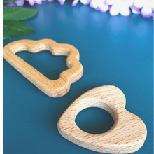 Load image into Gallery viewer, natural wooden teether heart shaped finished with coconut oil and beeswax hand made for babies
