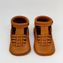 Load image into Gallery viewer, Soft Sole leather flexible handmade baby and toddler shoes moccs moccasins made in Peru genuine leather wide foot barefoot like shoes slip on feet sandal spring summer brown caramel neutral unisex
