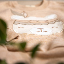 Load image into Gallery viewer, close up of applique organic cotton undyed and raw. Brown, neutral and  beige color. Two piece sweatshirt and sweat pants set with bear applique. Pakucho cotton.