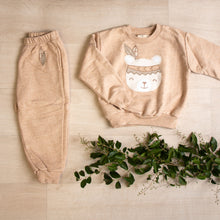 Load image into Gallery viewer, flat lay picture of organic cotton undyed and raw. Brown, neutral and  beige color. Two piece sweatshirt and sweat pants set with bear applique.  Gender neutral set.