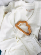 Load image into Gallery viewer, Organic Pima Cotton Baby gift box set bundle present baby shower hat kimono side snap top footed pants heart shaped natural wooden teether and Long Sleeve Bodysuit GOTS certified snap buttons handmade in Peru for Pan American Apparel in Ecowhite white and soft pink for newborn 0 to 3 months 3 to 6 months 6 to 9 months cloud teether