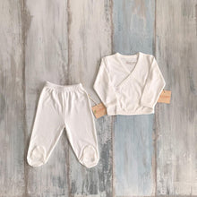 Load image into Gallery viewer, Kimono top and pants that go in the Organic Pima Cotton Baby gift box set bundle present baby shower hat kimono side snap top footed pants heart shaped natural wooden teether and Long Sleeve Bodysuit GOTS certified snap buttons handmade in Peru for Pan American Apparel in Ecowhite white and soft pink for newborn 0 to 3 months 3 to 6 months 6 to 9 months