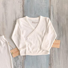 Load image into Gallery viewer, organic pima cotton GOTS certified organic handmade side wrap kimono white gender neutral side snap button hypoallergenic minimalist design ecofriendly slow fashion sustainable eco concious natural baby clothes apparel Pan American Apparel Women Run Business Imported Peruvian Pima Cotton