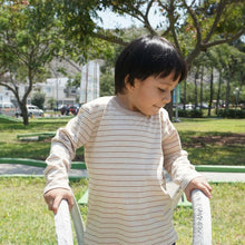 Load image into Gallery viewer, Organic Peruvian Native Cotton long sleeve Tee crew neck striped Kids Hypoallergenic Brown Gender Neutral handmade for Pan American Apparel eco-friendly slow fashion Pakucho cotton long sleeves