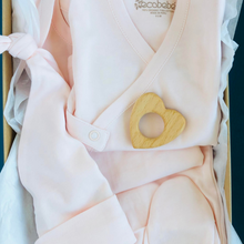 Load image into Gallery viewer, Organic Pima Cotton Baby gift box set bundle present baby shower hat kimono side snap top footed pants heart shaped natural wooden teether and Long Sleeve Bodysuit GOTS certified snap buttons handmade in Peru for Pan American Apparel in Ecowhite white and soft pink for newborn 0 to 3 months 3 to 6 months 6 to 9 months