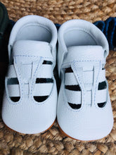 Load image into Gallery viewer, front view of Soft Sole leather flexible handmade baby and toddler shoes moccs moccasins made in Peru genuine leather wide foot barefoot like shoes slip on feet sandal spring summer white neutral unisex