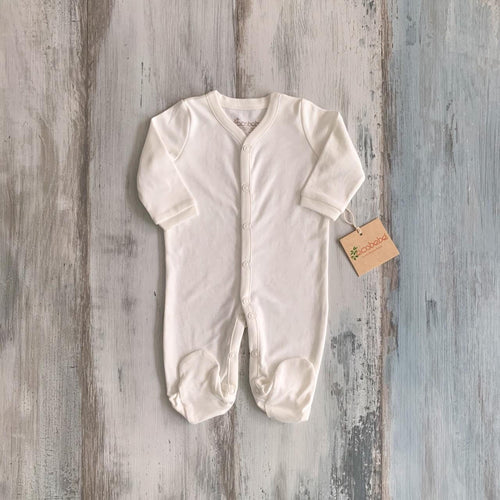 organic pima cotton GOTS certified organic sleepsuit white gender neutral sleeper snap button hypoallergenic minimalist design footed pajamas ecofriendly slow fashion sustainable eco concious natural baby clothes apparel Pan American Apparel Women Run Business Imported Peruvian Pima Cotton
