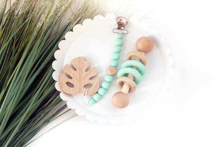 Leaf Silicone and Wood baby Gift Set - Teether, Pacifier Clip + Rattle