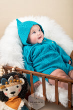 Load image into Gallery viewer, Azure Blue Knit Romper and Bonnet Set: 100% Baby Alpaca Wool
