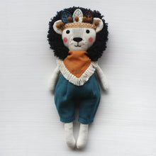 Load image into Gallery viewer, Heirloom linen lion with feathers crown black mane  soft orange blue turquoise toy doll stuffed gift birthday babyshower Yasya and Vasya Heirloom linen lion with feathers crown black mane  soft orange blue turquoise toy doll stuffed gift birthday babyshower Yasya Vasya Heirloom linen lion with feathers crown black mane  soft orange blue turquoise toy doll stuffed gift birthday babyshower Yasya and Vasya Russian handmade
