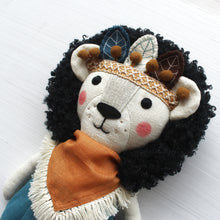 Load image into Gallery viewer, close up of Heirloom linen lion with feathers crown black mane soft orange blue turquoise toy doll stuffed gift birthday babyshower Yasya and Vasya Russian handmade
