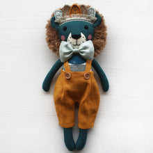 Load image into Gallery viewer, Heirloom linen lion with feathers crown black mane soft orange blue turquoise toy doll stuffed gift birthday babyshower Yasya and Vasya Heirloom linen lion with feathers crown black mane soft orange blue turquoise toy doll stuffed gift birthday babyshower Yasya Vasya Heirloom linen lion with feathers crown black mane soft orange blue turquoise toy doll stuffed gift birthday babyshower Yasya and Vasya Russian handmade
