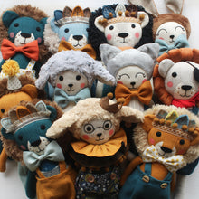 Load image into Gallery viewer, group picture of Heirloom linen lion with feathers crown black mane soft orange blue turquoise toy doll stuffed gift birthday babyshower Yasya and Vasya Russian handmade
