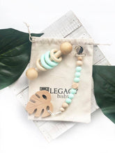 Load image into Gallery viewer, Leaf Silicone and Wood baby Gift Set - Teether, Pacifier Clip + Rattle
