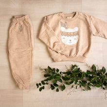 Load image into Gallery viewer, flat lay picture of organic cotton undyed and raw. Brown, neutral and  beige color. Two piece sweatshirt and sweat pants set with bear applique.  Gender neutral set.
