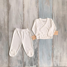 Load image into Gallery viewer, Kimono top and pants that go in the Organic Pima Cotton Baby gift box set bundle present baby shower hat kimono side snap top footed pants heart shaped natural wooden teether and Long Sleeve Bodysuit GOTS certified snap buttons handmade in Peru for Pan American Apparel in Ecowhite white and soft pink for newborn 0 to 3 months 3 to 6 months 6 to 9 months
