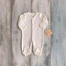 Load image into Gallery viewer, organic pima cotton GOTS certified organic sleepsuit white gender neutral sleeper snap button hypoallergenic minimalist design footed pajamas ecofriendly slow fashion sustainable eco concious natural baby clothes apparel Pan American Apparel Women Run Business Imported Peruvian Pima Cotton
