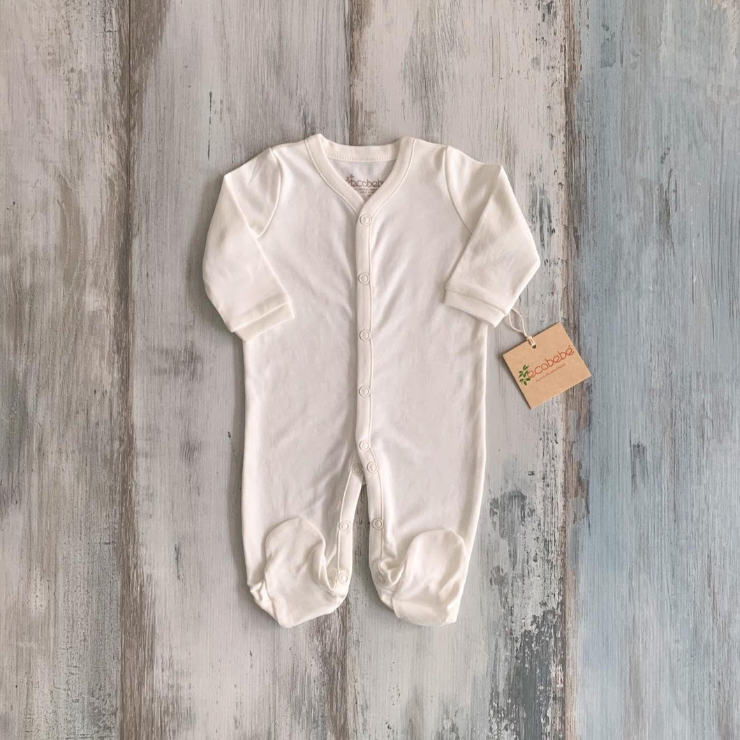 organic pima cotton GOTS certified organic sleepsuit white gender neutral sleeper snap button hypoallergenic minimalist design footed pajamas ecofriendly slow fashion sustainable eco concious natural baby clothes apparel Pan American Apparel Women Run Business Imported Peruvian Pima Cotton